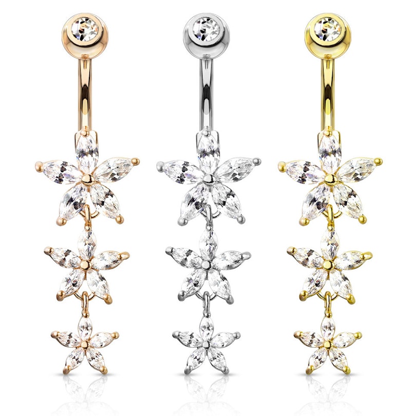Bauchnabelpiercing mit drei Marquise-Blumen als Anhänger