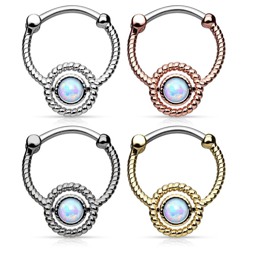 Verschnörkeltes Septumpiercing mit einem Opalstein