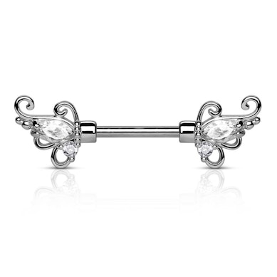 Brustwarzenpiercing mit Verschnörkelungen und Steinen