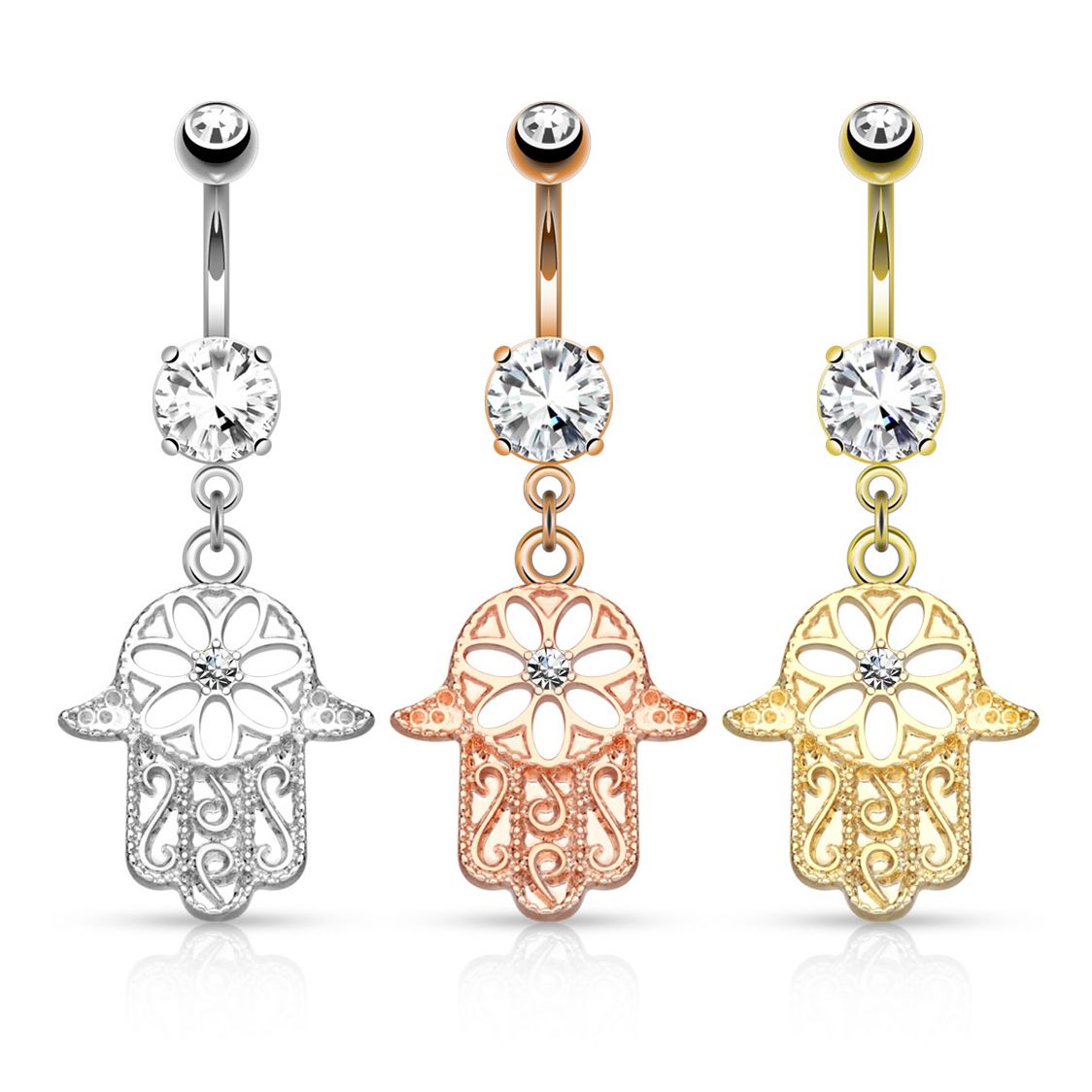 Bauchnabelpiercing mit einem Stein in der Hamsahand
