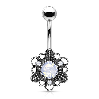 Bauchnabelpiercing mit oxidierter Blume und Opalitsteinen