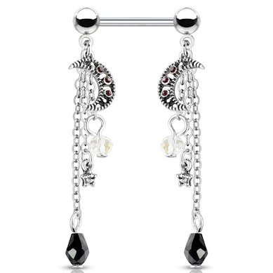 Brustwarzenpiercing mit Sternen und Monden als Anhänger