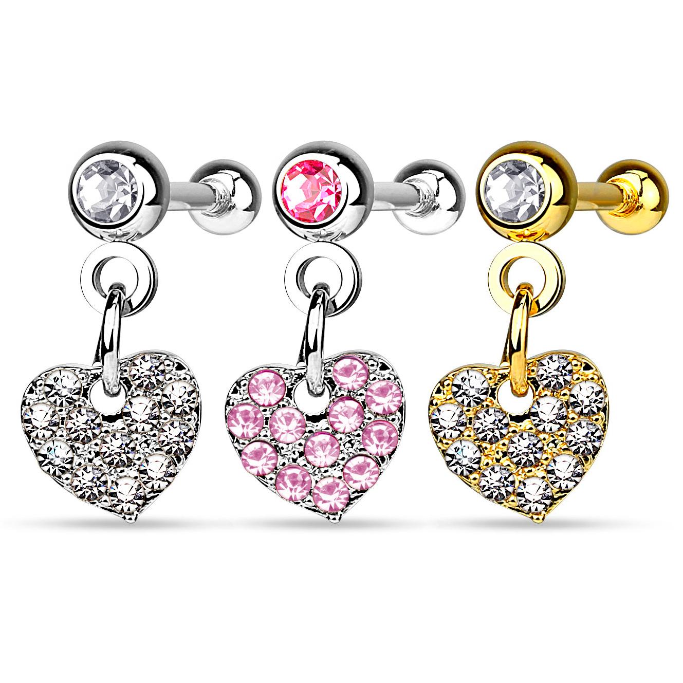 Ohrpiercing mit einem steinbesetzten Herzanhänger