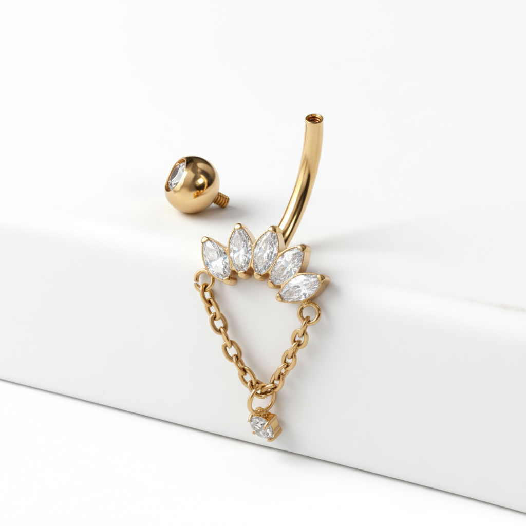 Titan-Bauchnabelring mit Marquise-Steinen und Kette