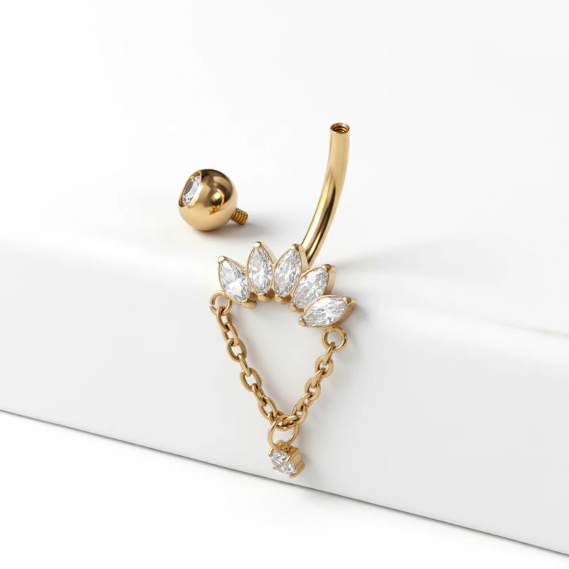 Titan-Bauchnabelring mit Marquise-Steinen und Kette