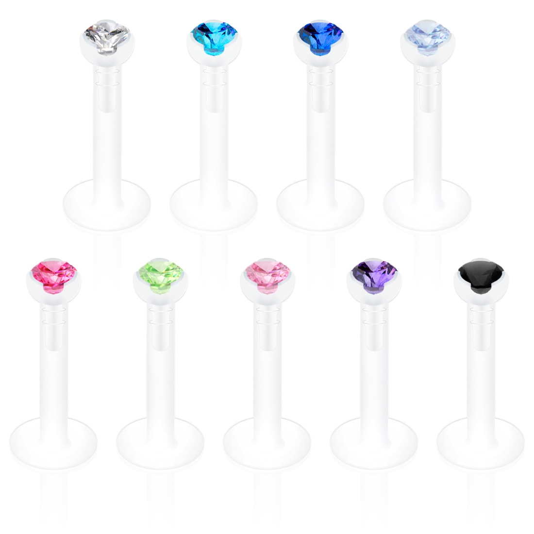 Labret aus PTFE mit einem Stein in vielen verschiedenen Farben
