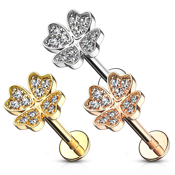 Labret mit steinbesetzten vierblättrigen Kleeblatt und Innengewinde