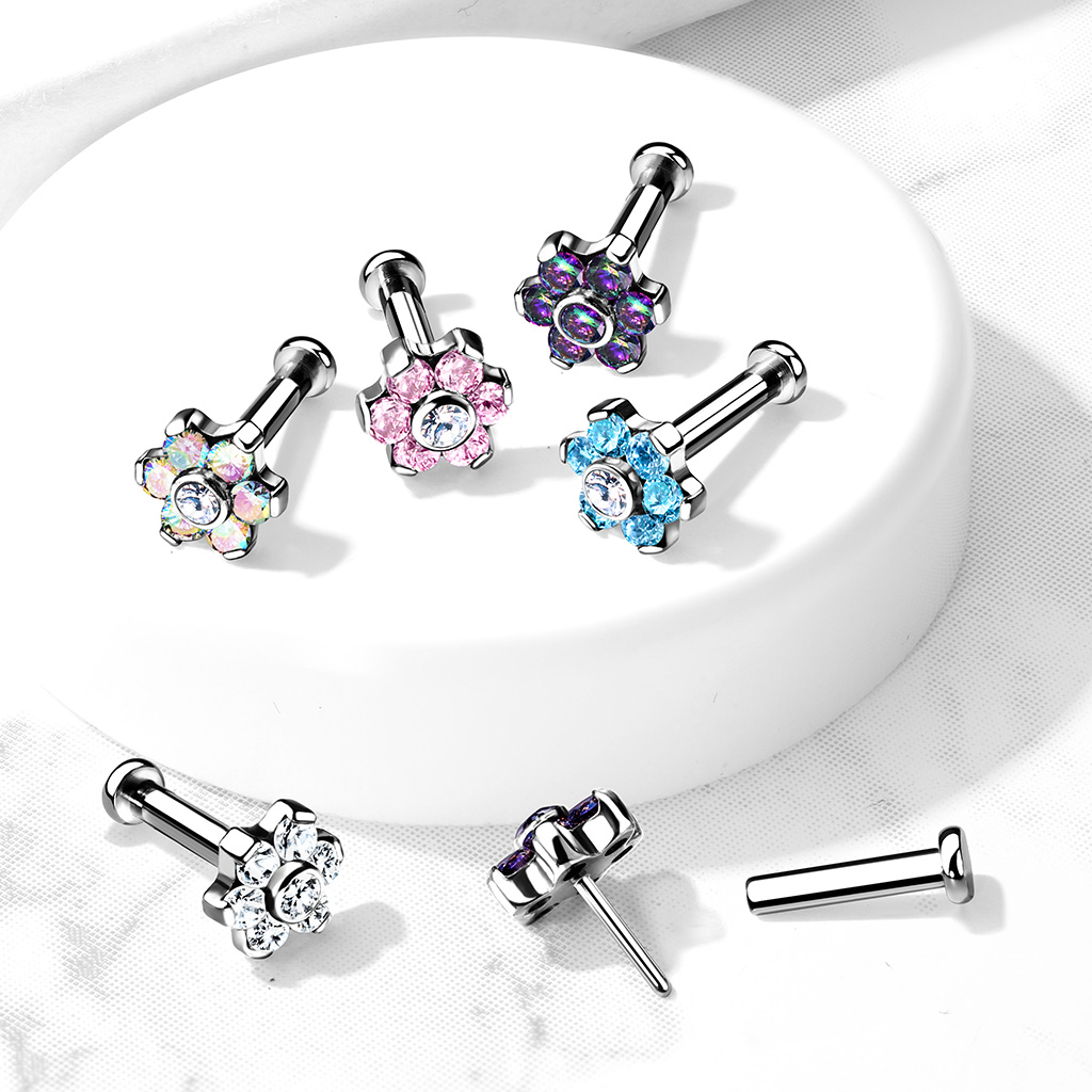 Push-in Titan Labret mit einer Blume aus Stein