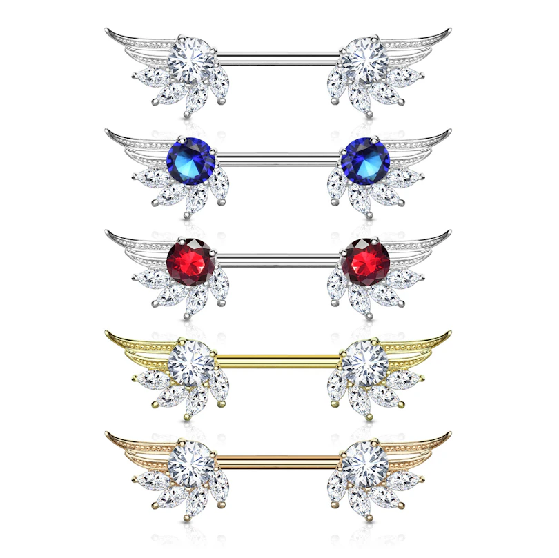 Brustwarzenpiercing mit Engelsflügeln und marquise geschliffene Steinen